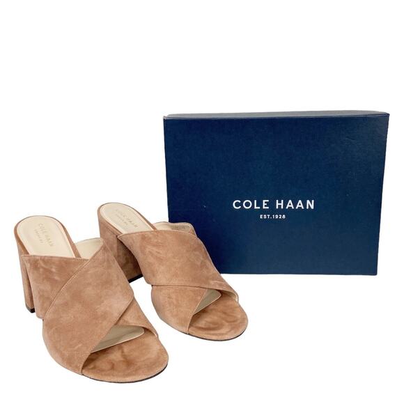 Cole Haan Gabby Sandal Tan Suede Leather Open Toe Chunky Heel Womens size 10.5 - Picture 1 of 11